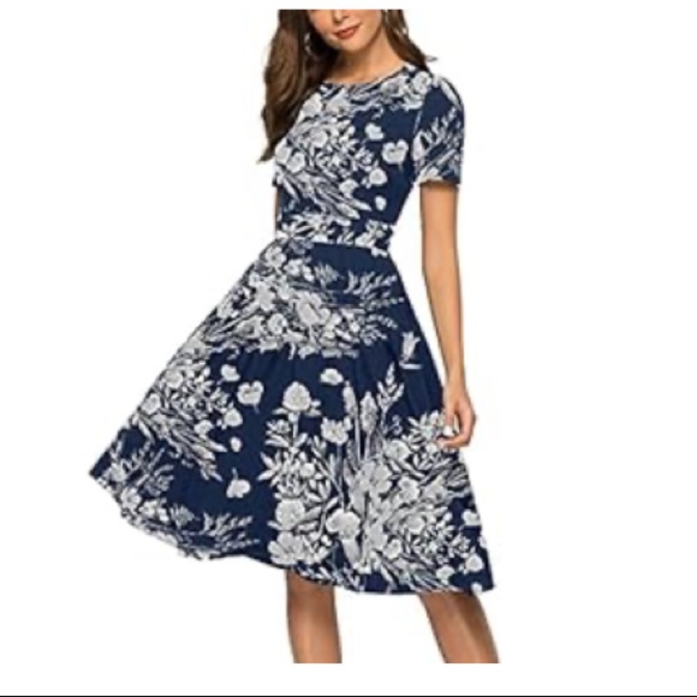 Navy blue white floral a line midi dress with pockets size 6/8